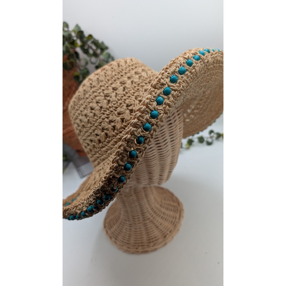 Coldwater Creek Straw Sun Hat Wide Brim Tan W/ Turquoise Beaded Trim Boho Beach